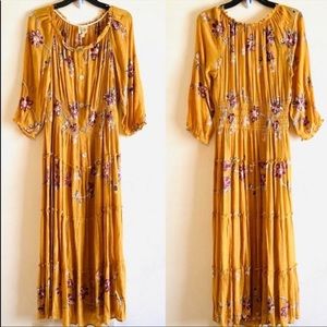 Anthropologie Fig and Flower Mustard Embroidered Tiered Maxi Dress 2X